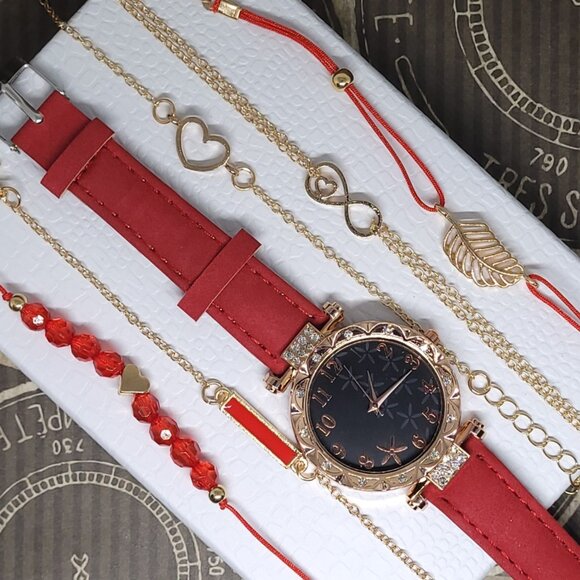 NWOT | 6pc | Quartz Floral Petal Watch & Bracelet Set - Picture 1 of 6